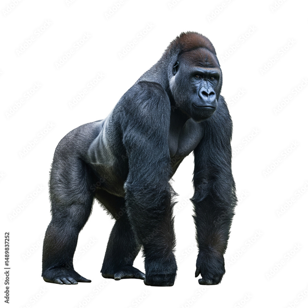 Fototapeta premium Powerful adult gorilla stands and showing muscular body, isolated on white background 