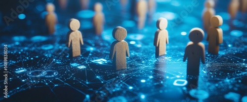 Three groups of individuals are linked by lines. Coordination and knowledge exchange. Outsourcing. Business model of teams