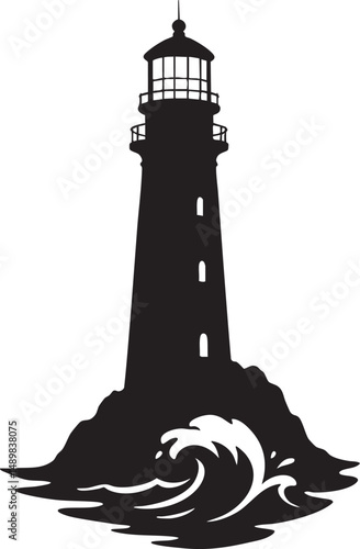 Silhouette of an old lighthouse standing tall against the ocean waves – plain white background