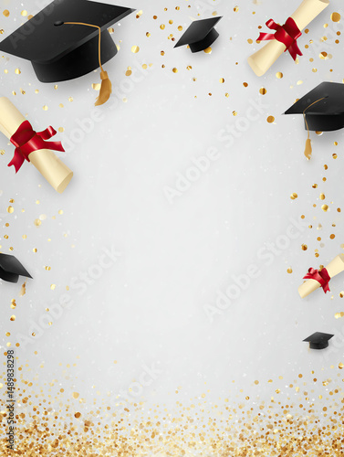 Portrait graduation layout with mortarboard and red-ribboned diploma in corner, scattered caps below falling gold confetti on light gray minimalist background for editorial celebrations
