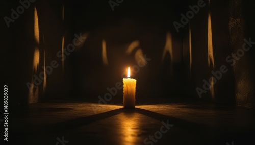  Single lit candle in a dark, empty room creates a warm glow and a sense of solitude, evoking reflection and serenity in a mysterious atmosphere