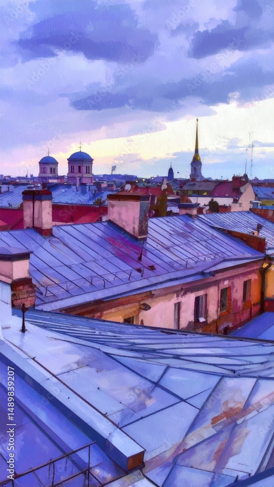 Obraz premium Rooftop View in Painterly Style with Expressive Brushstrokes
