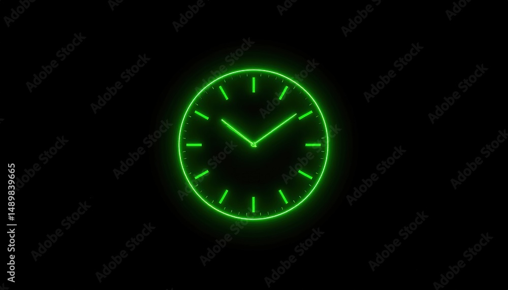 Neon green clock face graphic on black background. Neon green clock face graphic on black background.