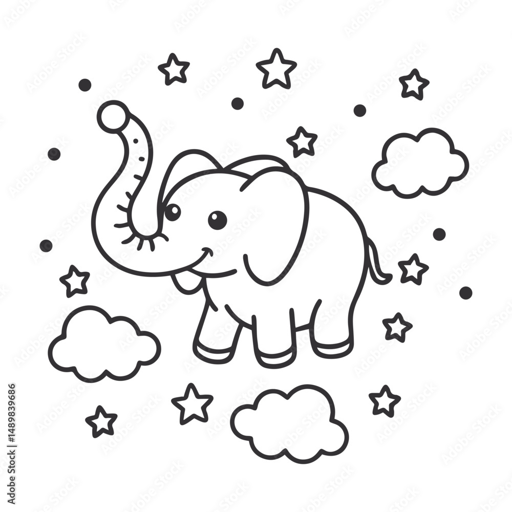 Minimalist Black and White Cute Elephant Cartoon with Stars and Clouds Minimalist Black and White Cute Elephant Cartoon with Stars and Clouds