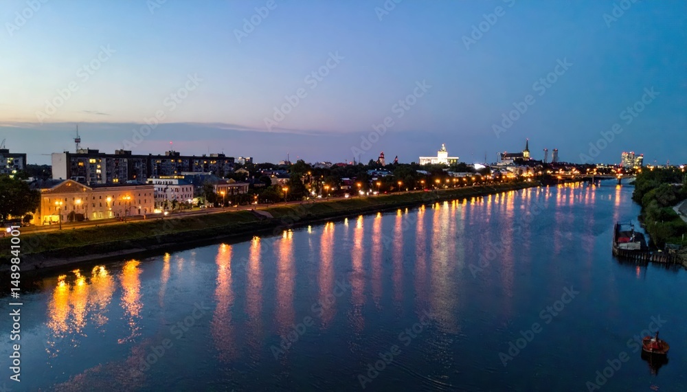 Fototapeta premium Stunning Rooftop View of River with Reflections of City Lights at Dusk