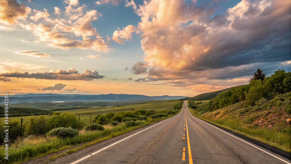Naklejka premium Long road with a beautiful sunset in the background