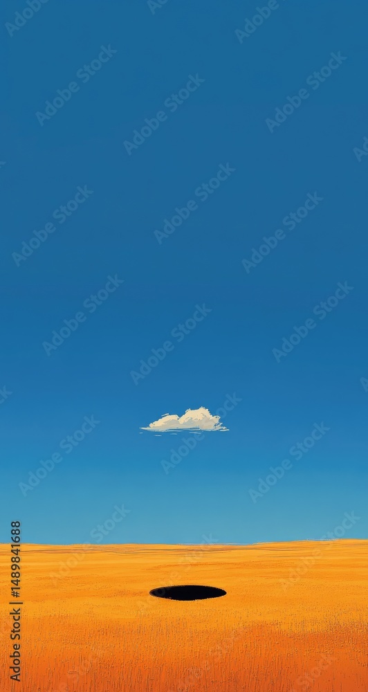 Fototapeta premium Empty space, vast horizon, solitary cloud over a golden plain, a dark void in the center