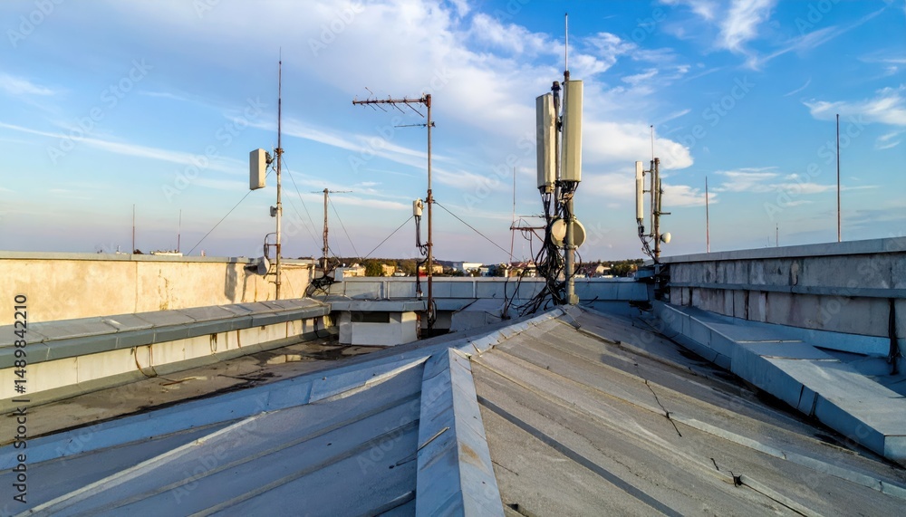 Naklejka premium Rooftop View of Communication Tower and Antenna Array at Sunset