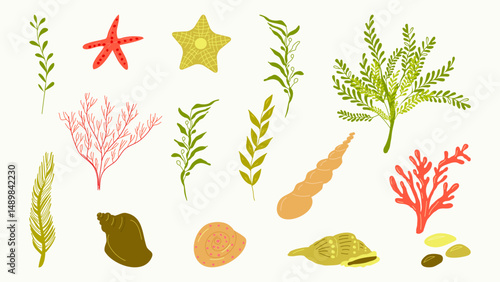 Sea Plants Underwater ocean Marine flora Set. Design for banner poster template invitation card. Vector illustration.