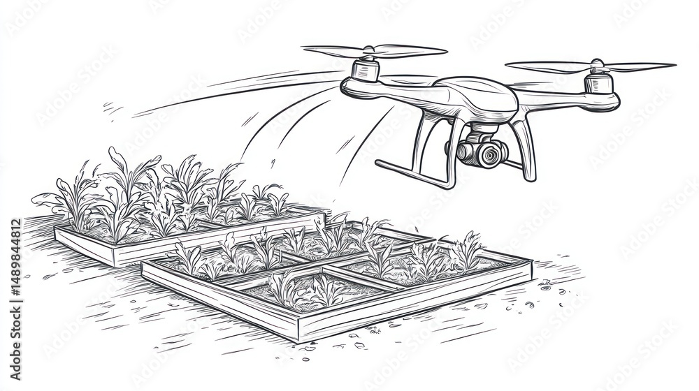 Fototapeta premium Drone surveying raised garden beds, outdoor agriculture