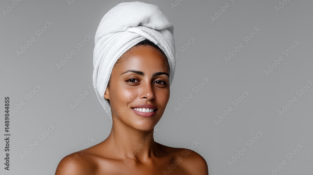 Woman with a towel wrapped around her head is smiling. Concept of relaxation and comfort Woman with a towel wrapped around her head is smiling. Concept of relaxation and comfort