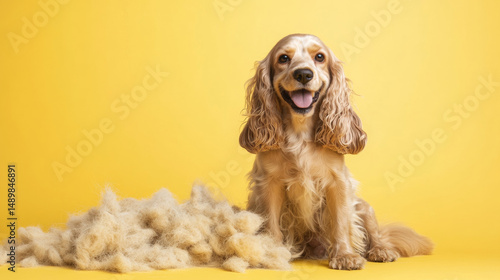 A happy cocker spaniel dog sitting next to its pile of freshly trimmed groomed fur on yellow golden background. fashion elegant minimalism luxury pet grooming pet salon advertising banner