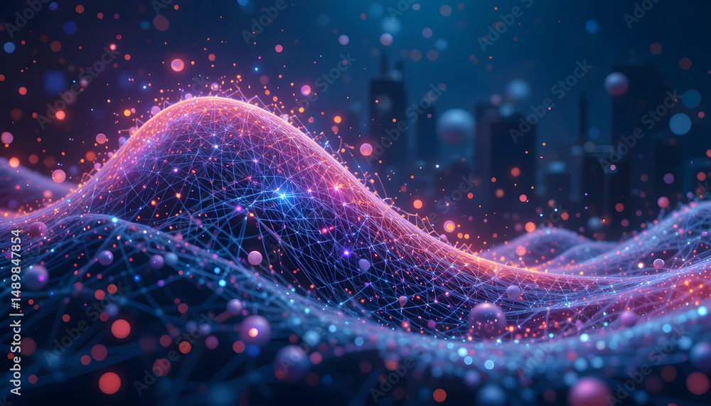 Fototapeta premium 5g connectivity wave illustration design. Iot wave spark. Abstract illustration of colorful connected data network background wallpaper. Digital network. cyberspace technology.