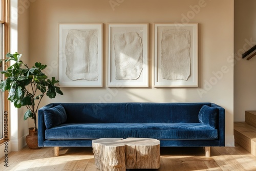 Modern living room featuring a plush navy blue sofa, a light wood coffee table, and abstract art