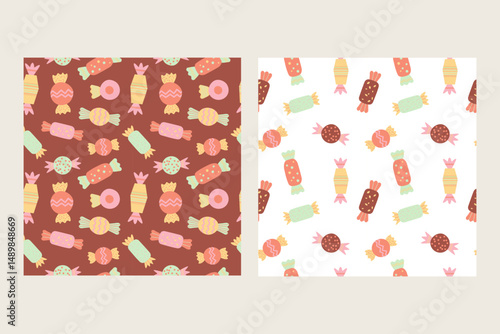 Candy seamless pattern. Repeating background with coloured different candies, sweets, chocolate treats. Design for October 18 is World Candy Day. Food vector illustration for flyer, card, wrapping