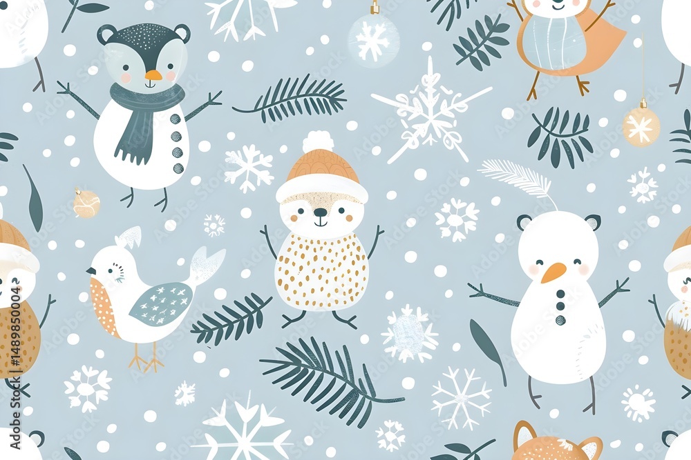 Fototapeta premium Winter Wonderland: Adorable Snowmen, Birds, and Animals Frolic in a Snowy Landscape with Festive Ornaments and Twinkling Snowflakes. Delightful Holiday Scene with Charming Wildlife and Winter Elements
