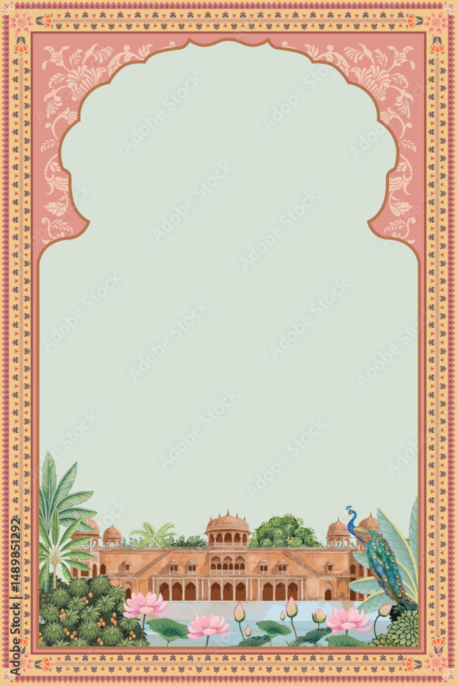 custom made wallpaper toronto digitalMughal, Jaipur Water Palace, garden with arch, garden, lake, lotus, peacock pattern illustration