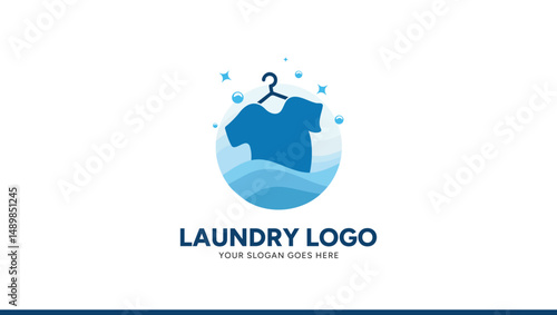 Modern Laundry Logo Design with Hanger and Shirt Icon in Blue Tones on White Background