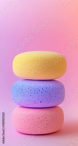 Three colorful, round sponges stacked vertically against a soft, gradient pink background