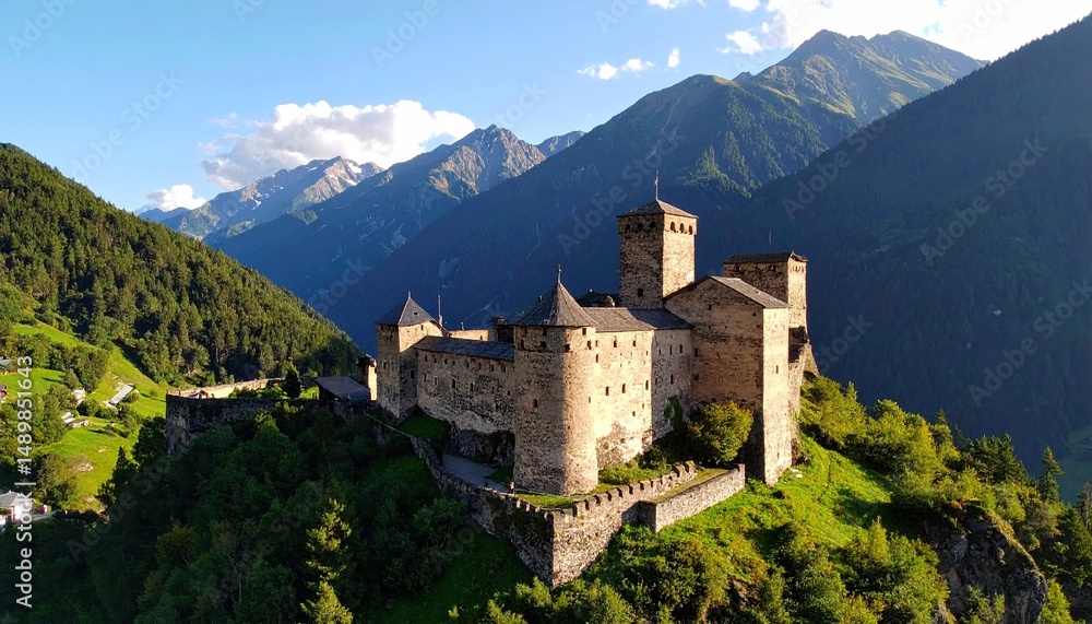Majestic medieval castle perched high in the alpine valley. Majestic medieval castle perched high in the alpine valley.
