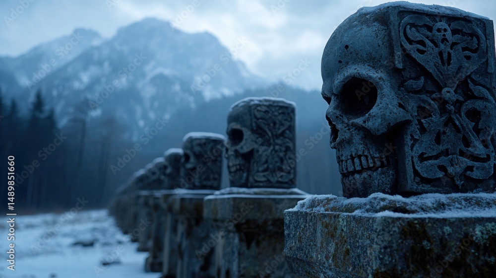 Obraz premium A row of stone pillars with skulls on them