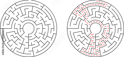 Round maze illustration showing solved and unsolved paths depicting problem solving