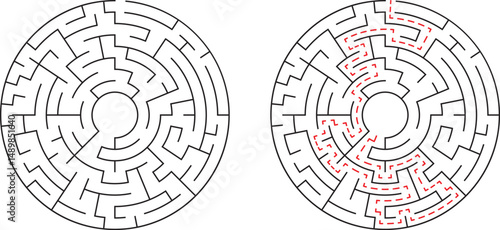 Circular maze illustration with solution path representing problem solving and decision making