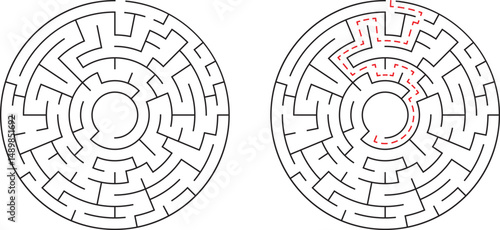 Circular maze with solved path indicating solution for problem solving and achievement