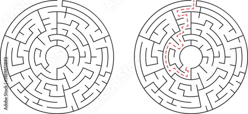 Circular maze illustration showing solved path and unsolved paths for concept of solutions