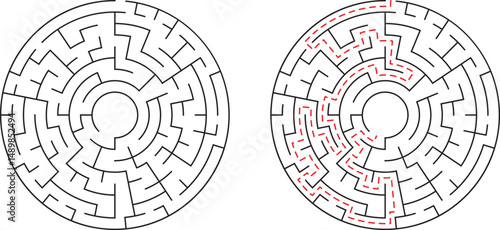 Circular maze illustration with solution path highlighting the complexity of navigation
