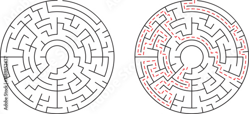Circular maze illustration showing solution paths for strategic problem solving and cognitive exercises