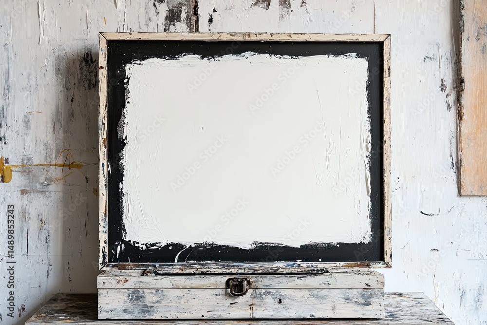 Naklejka premium A white-painted canvas in a distressed black frame sits atop a weathered wooden box against a textured wall. The scene evokes a rustic artistic studio setting