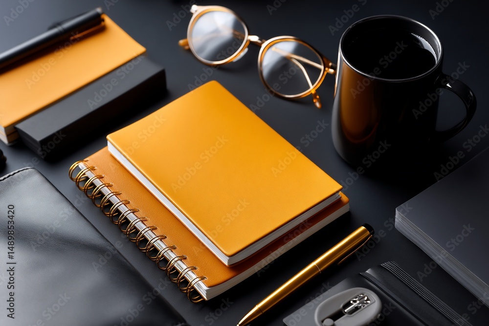 Organized workspace with orange and black stationery Organized workspace with orange and black stationery