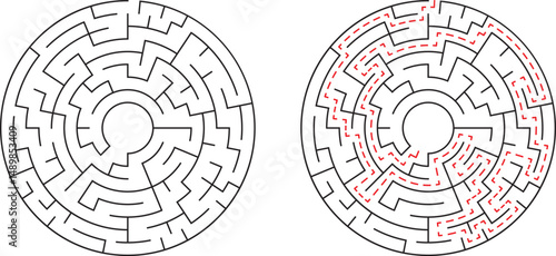 Complex circular maze puzzle featuring a solved path depicting problem solving and solutions