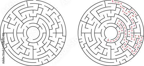 Circular labyrinth puzzle with solution path illustrating problem solving and decision making