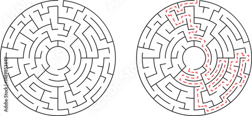 Circular maze with solution path marked illustrating problem solving and decision making
