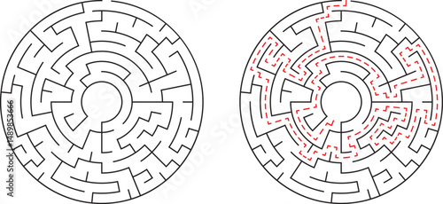 A challenging circular maze with the path to the solution clearly marked in red