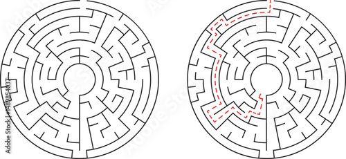 Circular maze challenge with solution path showing problem solving and strategic thinking