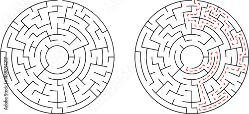 Circular maze with solution path illustrating problem solving and decision making