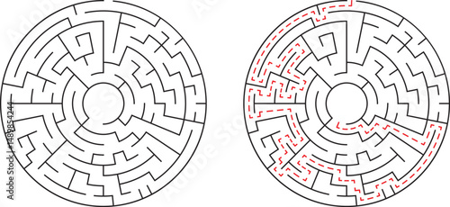 Circular maze illustrating the solution and pathfinding challenge with clear vector design
