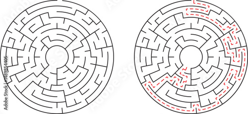 Circular maze illustration shows problem solving strategy and solution paths for finding the correct way