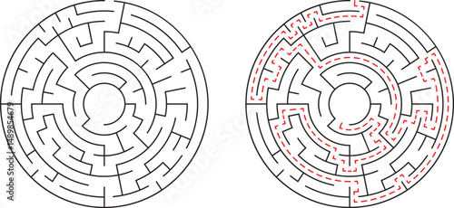 Circular labyrinth puzzle vector showing the path solution and maze complexity