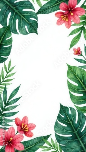 Fototapeta Naklejka Na Ścianę i Meble -  Tropical watercolor leaves square frame Trendy jungle foliage border Ideal for invitations , tropical, nature, card