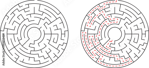 Circular maze with solution path showing strategy and problem solving for business