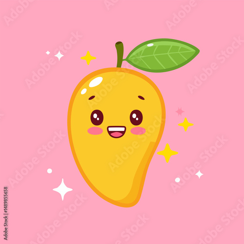 Cheerful mango cartoon with bright smile and blushing cheeks. Great for kids’ books, posters, or flashcards
