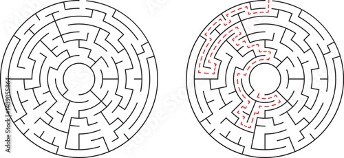 Two circular mazes one solved showing the path and one unsolved for conceptual design