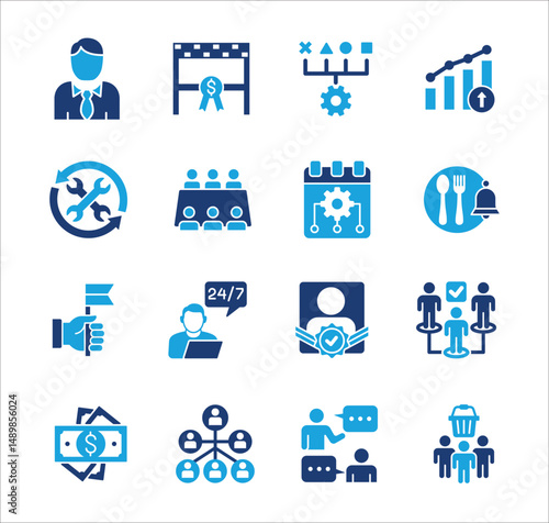 Management business icon set. Contains symbol of strategy, businessman, target, finance, lunchtime, success, hierarchy, data, reward, work, money, employee, shop, meeting, job. Vector illustration