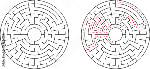 Circular maze with path solved and unsolved presenting a conceptual challenge for problem solving