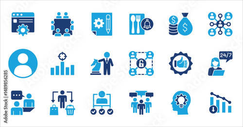 Management and business icon set. Contains symbol of businessman, target, finance, lunchtime, success, hierarchy, data, reward, work, money, employee, task, shop, meeting, job. Vector illustration