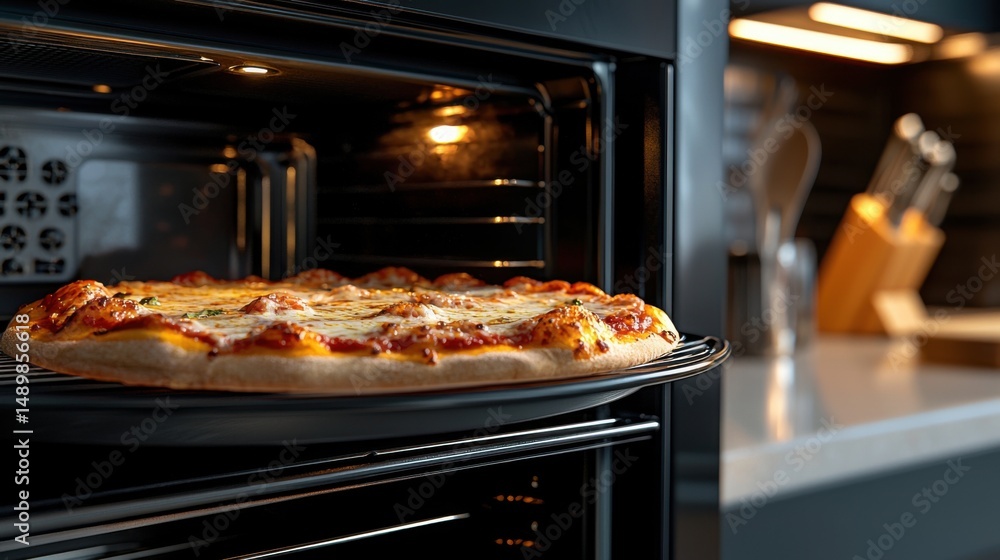 A pizza is in an oven, ready to be eaten A pizza is in an oven, ready to be eaten